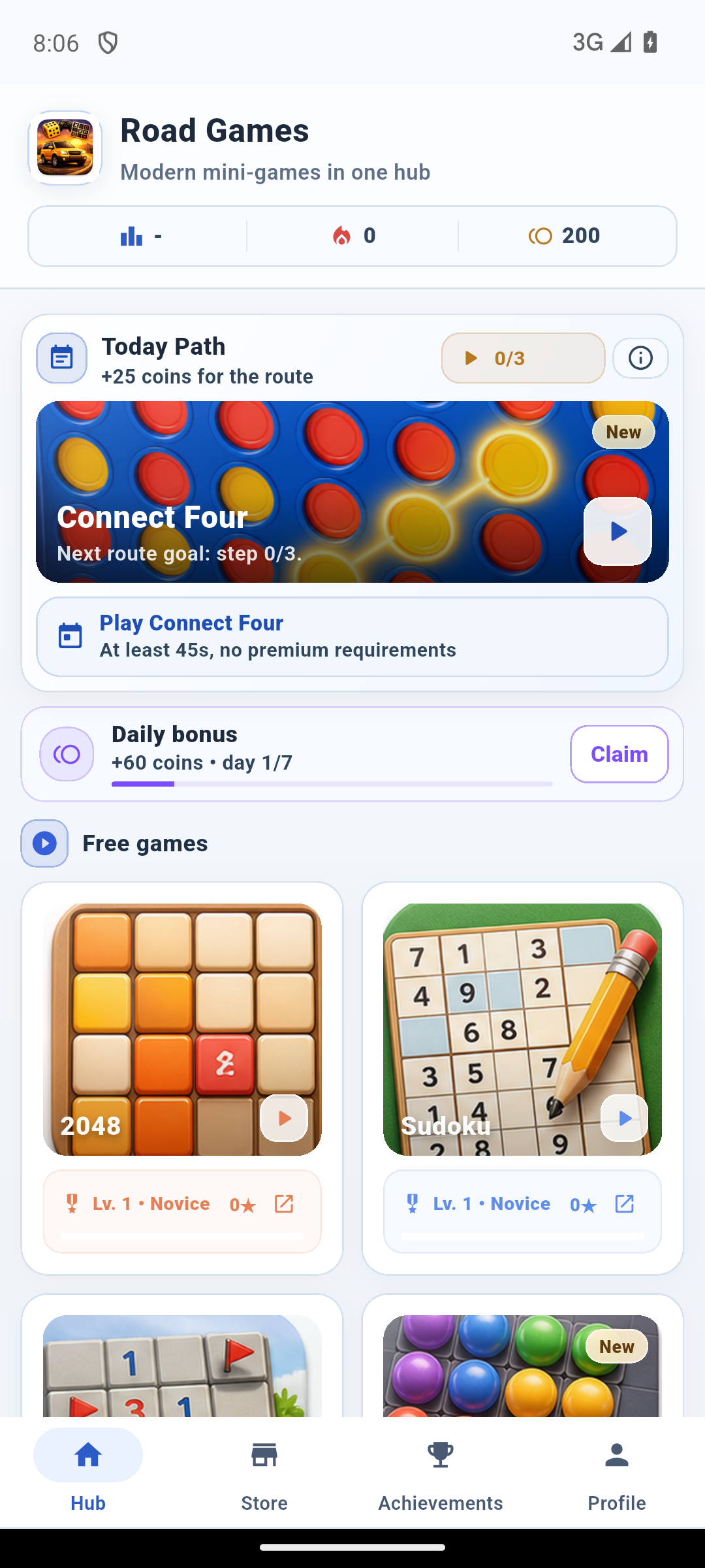 Road Games hub with daily path, rewards and game collection